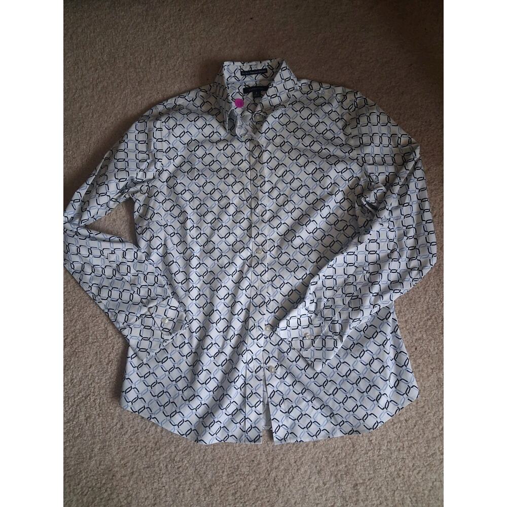 Lands' End Women's Long Sleeve White Blue Geometric Cotton No Iron button up